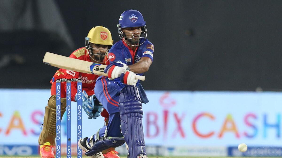 Shikhar Dhawan of Delhi Capitals plays a shot against the Punjab Kings in Ahmedabad on Sunday night. — BCCI/IPL