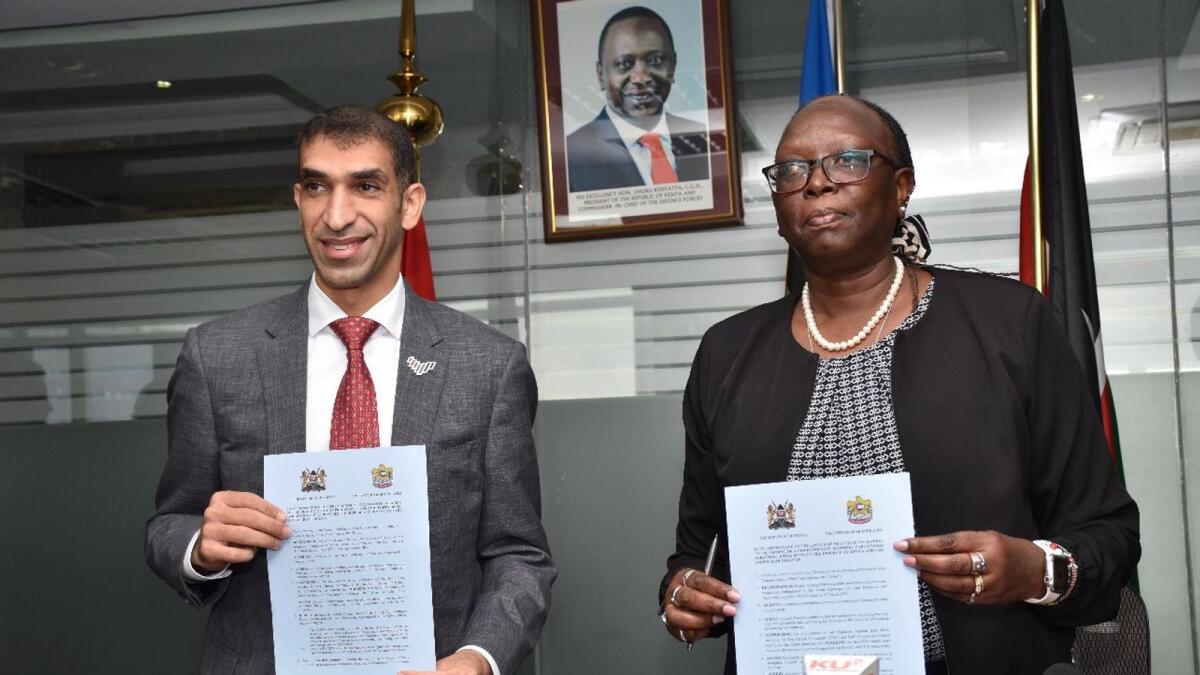 Dr Thani bin Ahmed Al Zeyoudi, UAE Minister of State for Foreign Trade, and Betty Maina, Cabi-net Secretary, Ministry of Industrialisation, Trade and Enterprise Development, signed a joint state-ment in Nairobi. — Supplied photo