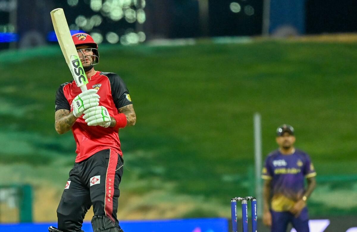 Alex Hales of Desert Vipers plays a shot during the match against Abu Dhabi Knight Riders at Zayed Cricket Stadium in Abu Dhabi. -- Photo by M. Sajjad