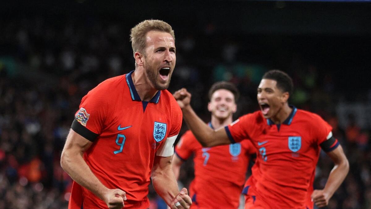 England's Harry Kane celebrates after scoring their third goal. — Reuters
