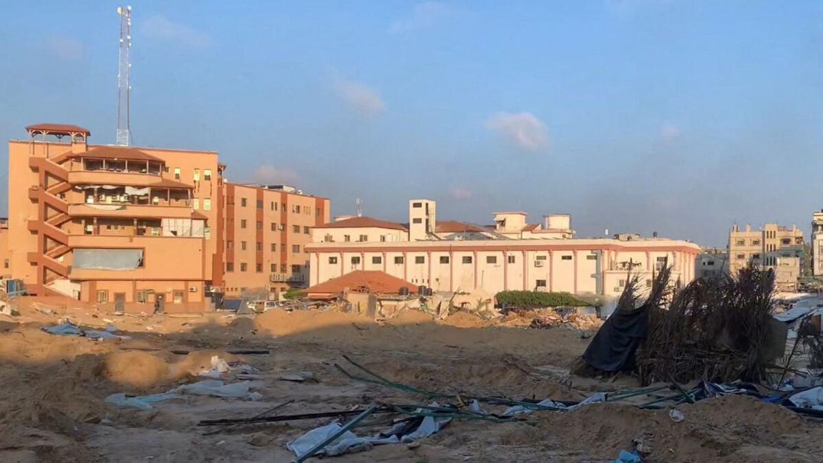 A picture shows the damage in Nasser Hospital and the surrounding area in Khan Younis after an Israeli attack in February. — AFP file