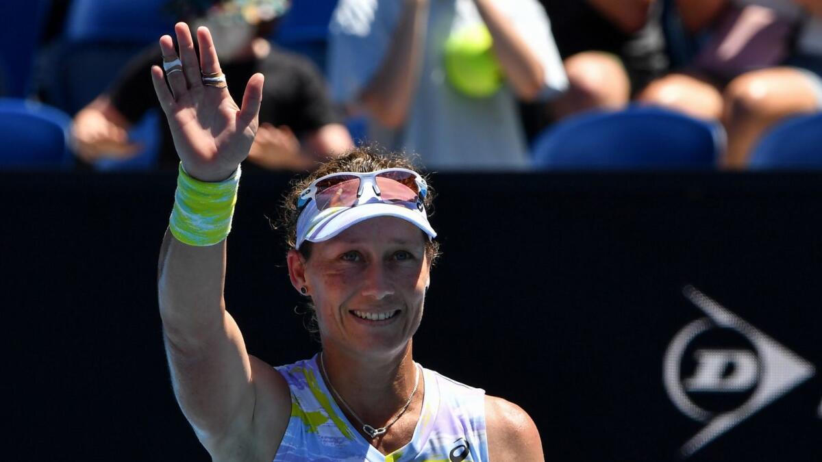 Australia's Samantha Stosur waves to the crowd after losing to Russia's Anastasia Pavlyuchenkova on Thursday. — AFP