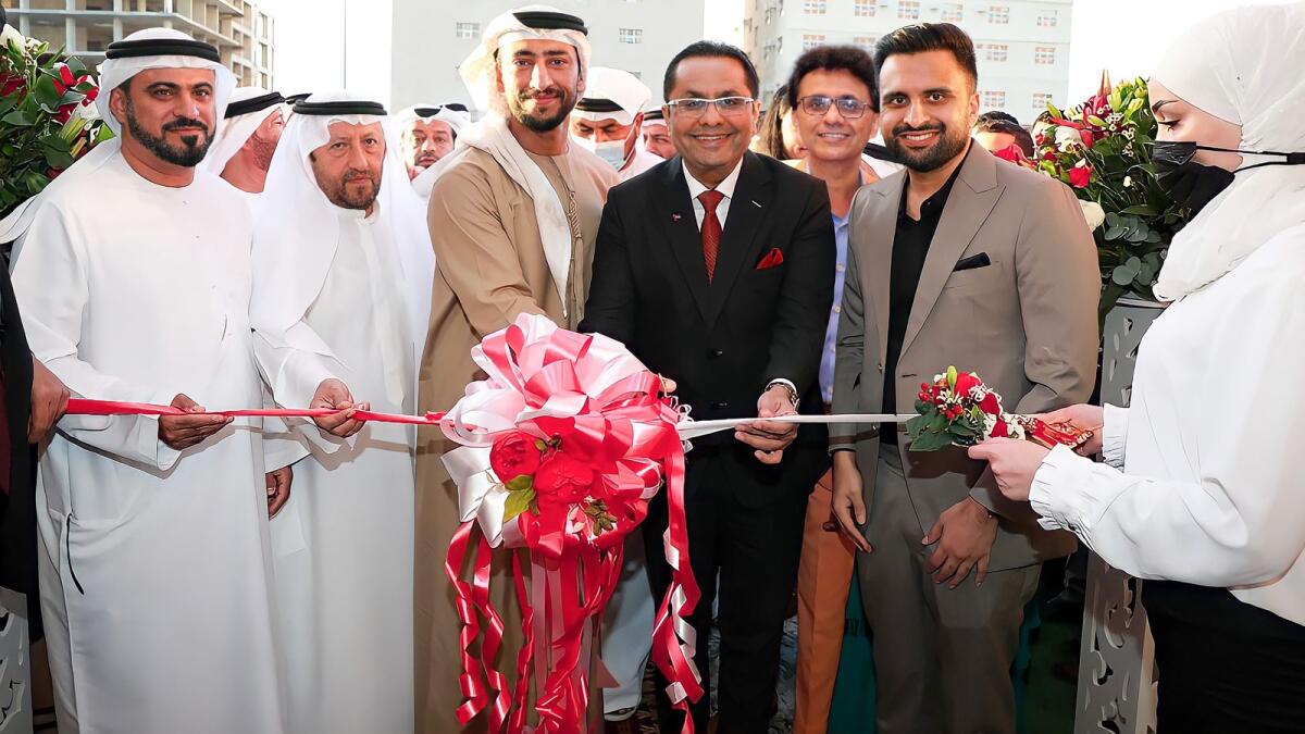 Sheikh Abdullah bin Hamad bin Saif Al Sharqi, Rizwan Sajan, Anis Sajan and Adel Sajan at the inauguration of Danube Home showroom in Dibba, Fujairah on Wednesday. — Supplied photo