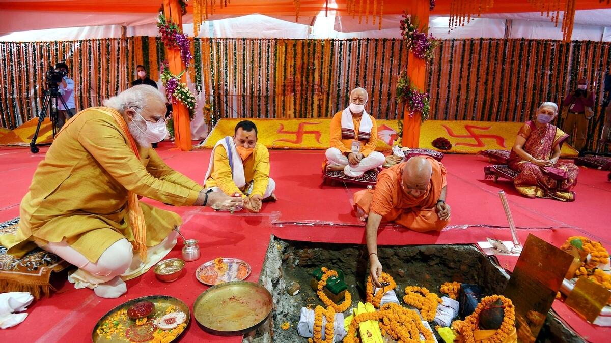 India's Prime Minister Narendra Modi attends the foundation-laying ceremony of a Hindu temple in Ayodhya.