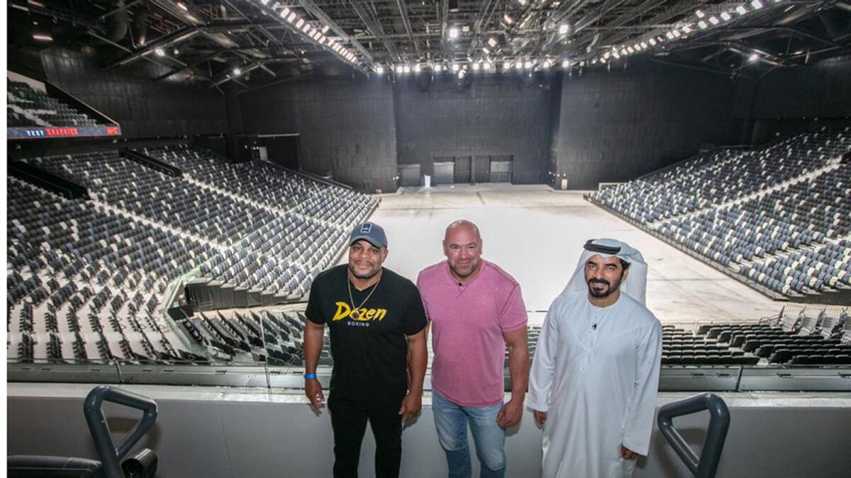 UFC president Dana White and fighter Daniel Cormier during their recent visit to the Etihad Arena along with Mohamed Abdalla Al Zaabi, CEO of Miral. — Mohamed Abdalla Twitter
