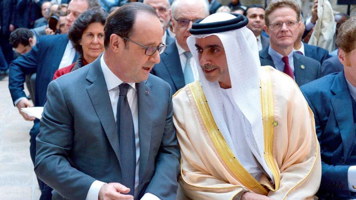 Sheikh Saif bin Zayed and Francois Hollande at the Donors’ Conference held in Paris to establish  the International Alliance for the Protection of Heritage in Conflict Areas. 