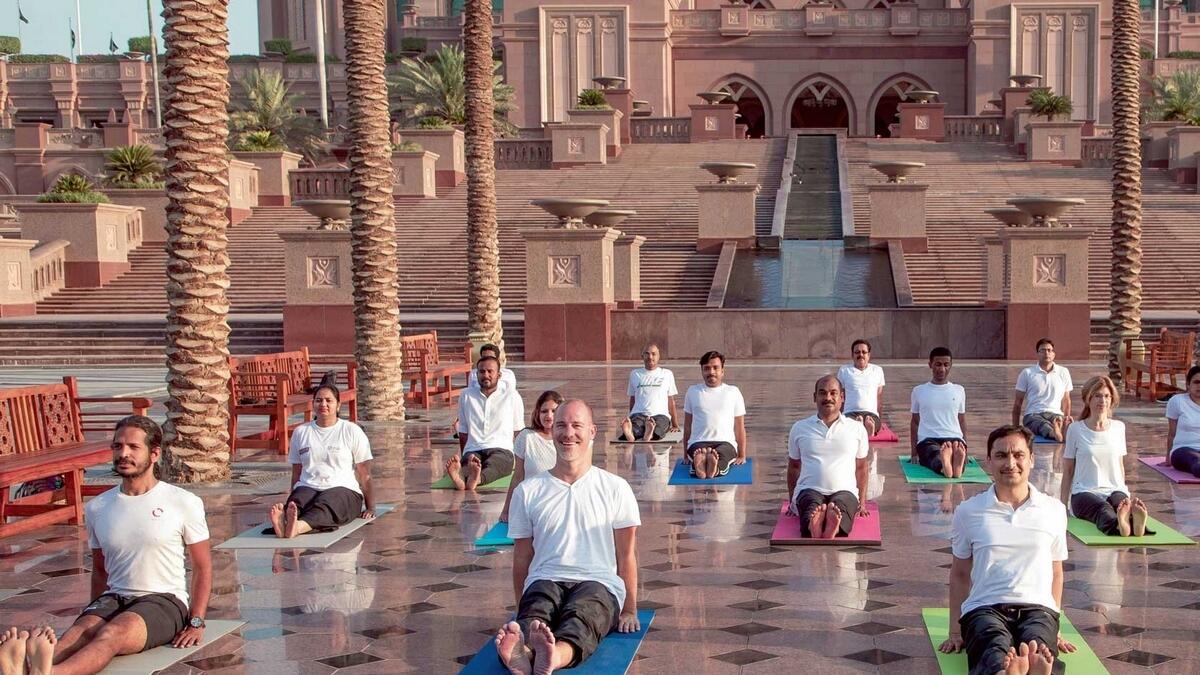 Residents take part in a rejuvenation session organised by the Embassy of India in Abu Dhabi ahead of the fifth International Yoga Day. — ANI