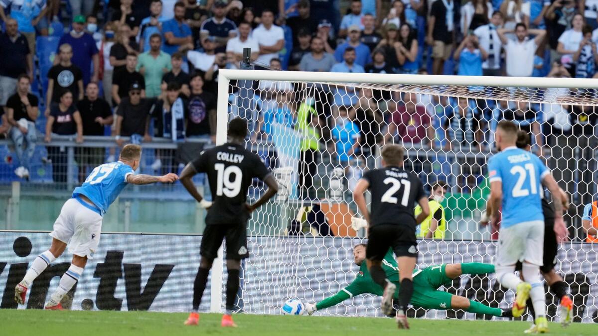 Spezia's goalkeeper Jeroen Zoet saves a penalty kicked by Lazio’s Ciro Immobile during the Serie A match against Lazio. — AP