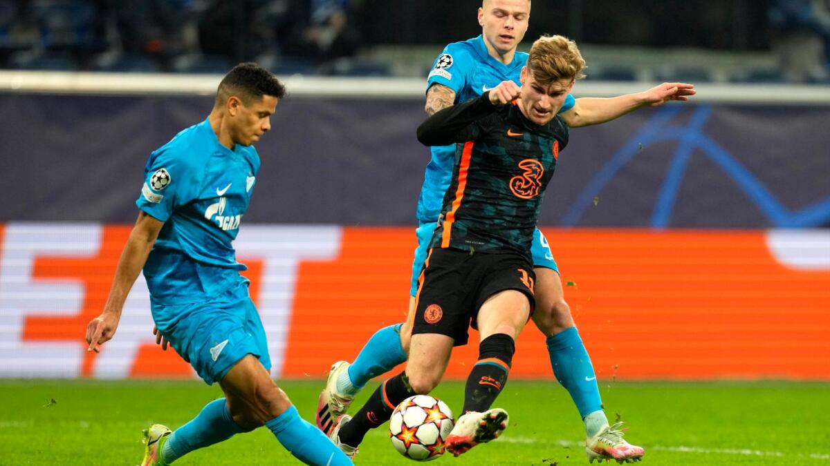 Chelsea's Timo Werner (centre) during the Champions League match against Zenit St. Petersburg on Wednesday. — AP