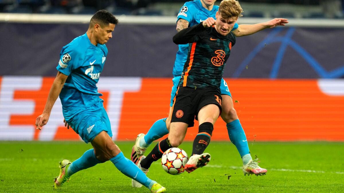 Chelsea's Timo Werner (centre) during the Champions League match against Zenit St. Petersburg on Wednesday. — AP