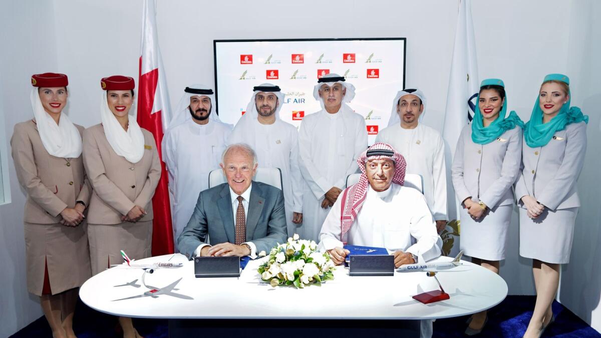 The agreement was signed by Sir Tim Clark, President Emirates Airline and Gulf Air’s Chief Executive Officer Captain Waleed Al Alawi in the presence of  Zayed R. Alzayani, Gulf Air’s Chairman of the Board of Directors. - Supplied photo