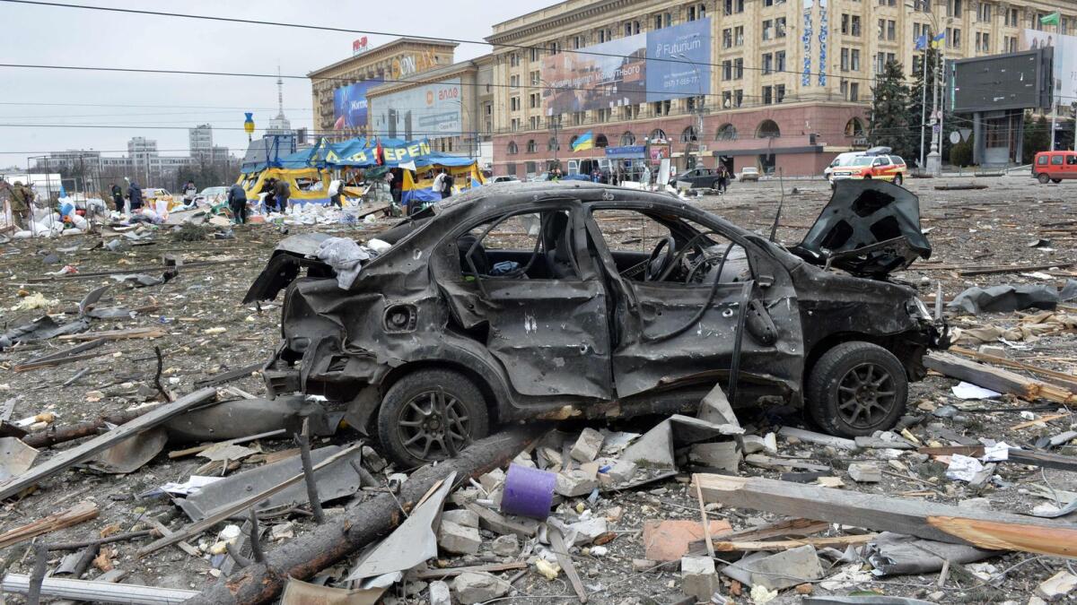 A view of the square outside the damaged local city hall of Kharkiv on March 1, 2022, destroyed as a result of Russian troop shelling. (AFP)