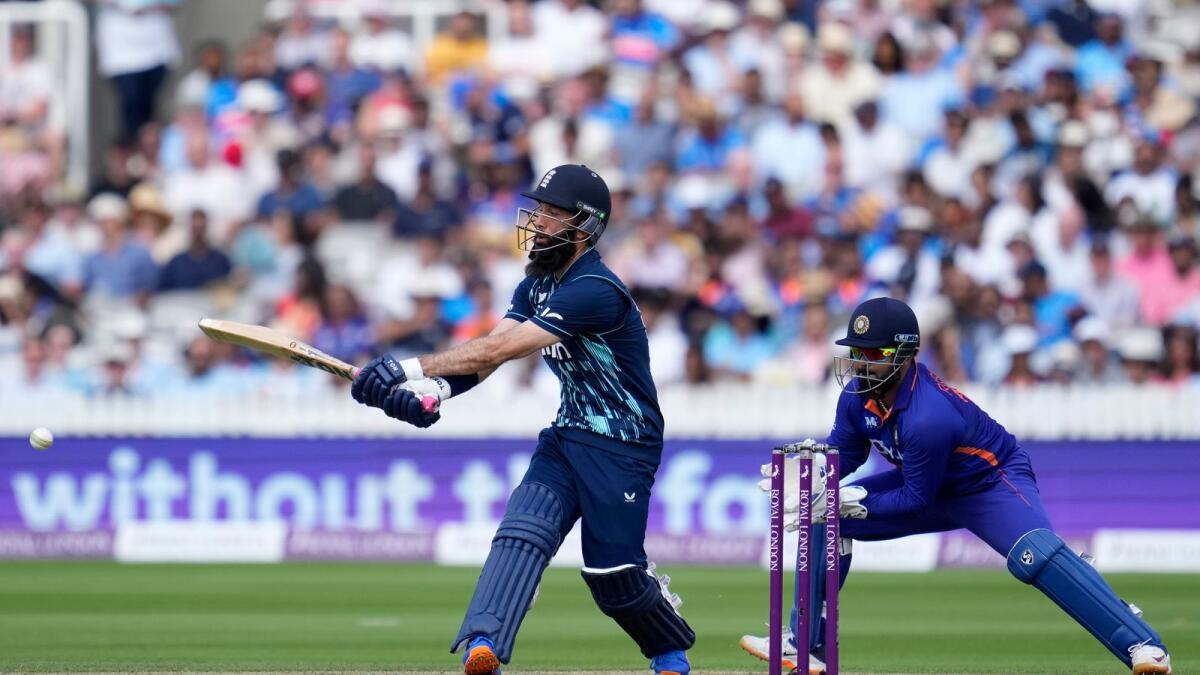 England's Moeen Ali plays a shot during the second One Day International at Lord's on Thursday. — AP
