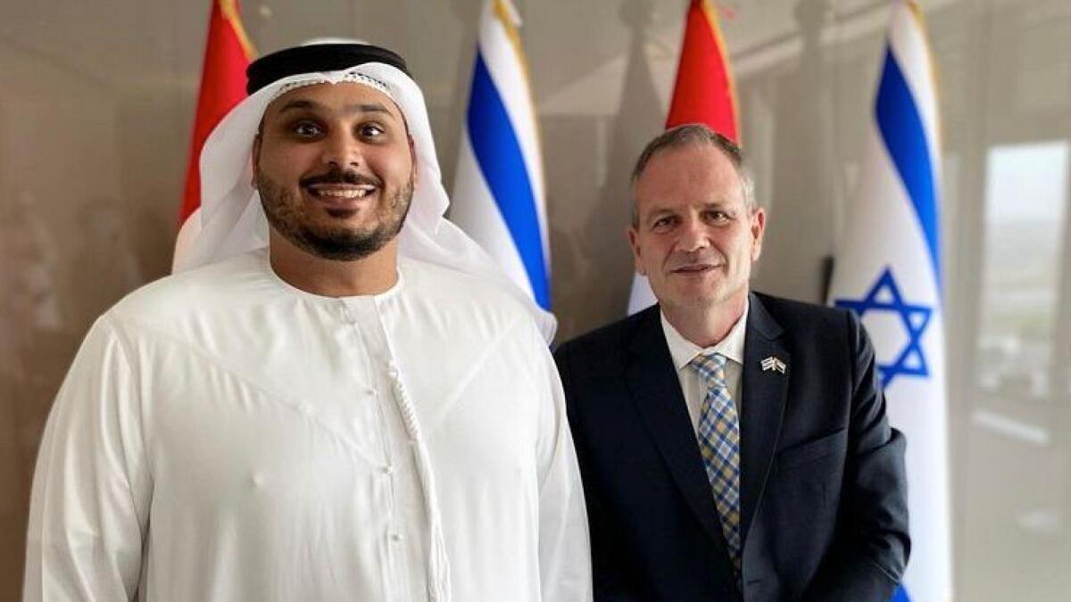 Saoud Saqer bin Hamoodah with Ilan Sztulman Starosta, the Israeli Consul-General in Dubai. Supplied photo