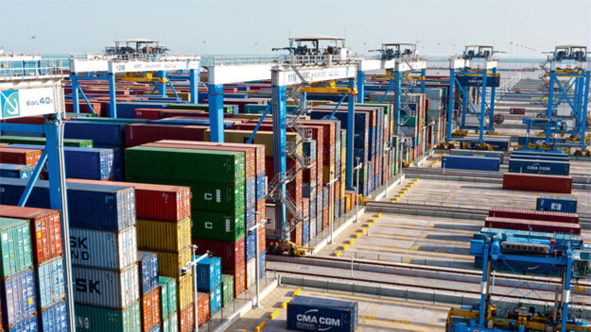Containers at Khalifa Port, part of the AD Ports Group. In the ports cluster, the AD Ports container throughput grew to 4.33 million twenty-foot equivalent units (TEUs) in 2022, reflecting a growth of 28 per cent. — File photo