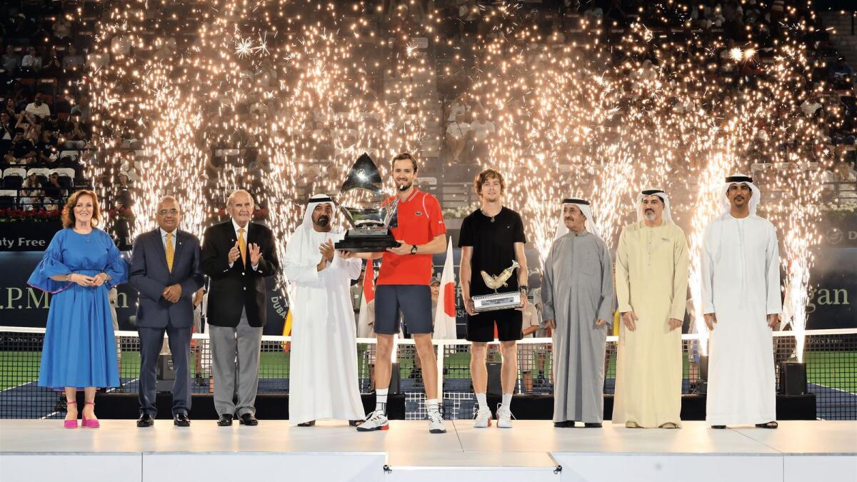 Sheikh Ahmed bin Saeed Al Maktoum, President, Dubai Civil Aviation Authority and Chairman of DDF together with Sheikh Hasher Bin Maktoum Al Maktoum, President - UAE Tennis Federation and Naser Yousef, Secretary General – UAE Tennis Federation, presented the trophies along with DDF officials, Colm McLoughlin, Executive Vice Chairman &amp; CEO, Ramesh Cidambi, COO, Salah Tahlak, Joint COO and Tournament Director, Sinead El Sibai, SVP – Marketing to Daniil Medvedev (winner) and Andrey Rublev (runner-up) of the Dubai Duty Free Tennis Championships 2023.