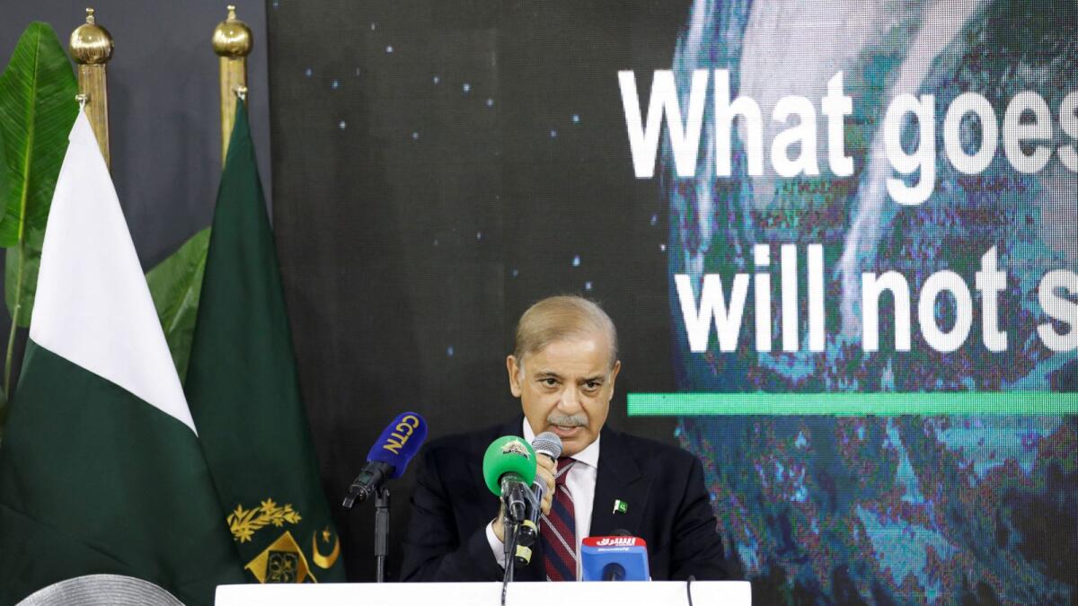 Pakistan's Prime Minister Shehbaz Sharif attends a news conference as the COP27 climate summit in Sharm El Sheikh, Egypt, on Monday. — Reuters
