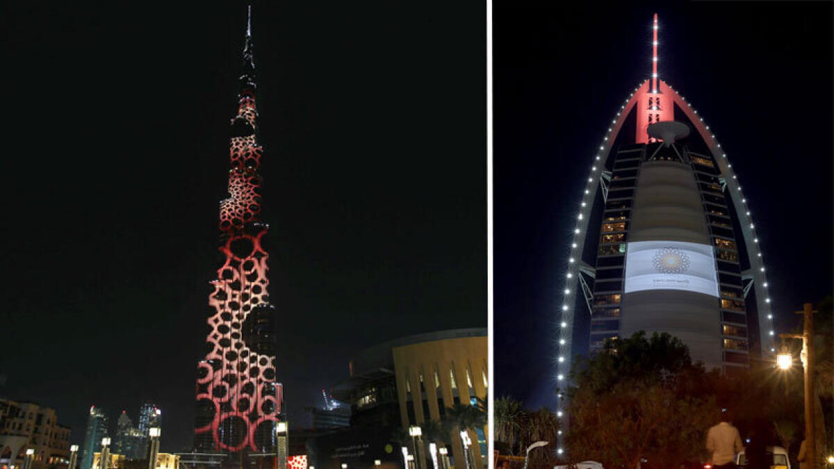 The new logo of Expo 2020 is displayed on Burj Khalifa and Burj Al Arab in Dubai. It was unveiled by Shaikh Mohammed bin Rashid on Sunday.