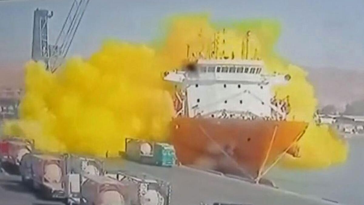 This image grab taken from a CCTV footage broadcasted by Jordan's Al-Mamlaka TV on June 27, 2022 shows the moment of a toxic gas explosion on the Hong Kong-flagged vessel 'Forest 6' in Jordan's Aqaba port. Photo: AFP