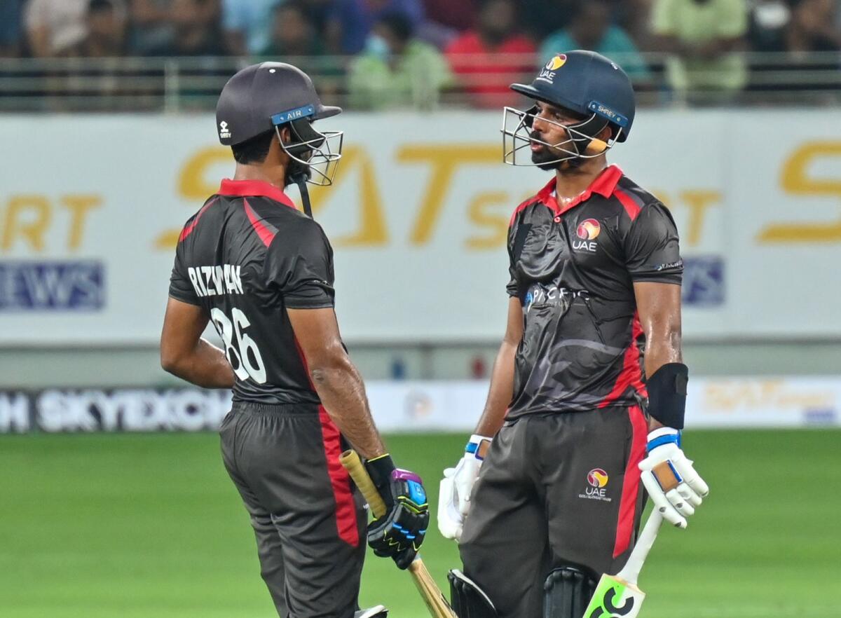 Basil Hameed and CP Rizwan of the UAE during the second T20 against Bangladesh at the Dubai International Cricket Stadium on Tuesday. (Photos by M. Sajjad)