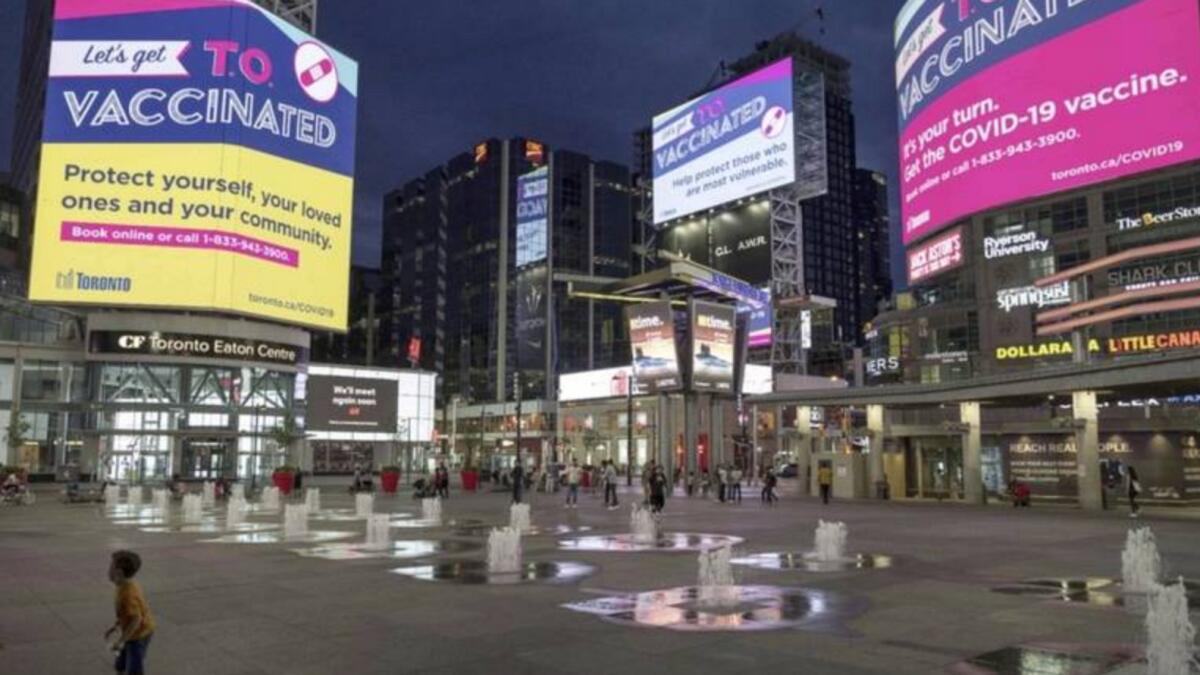 Toronto's Yonge and Dundas Square, usually one of Canada's busiest places, is seen nearly empty during lockdown. — AFP