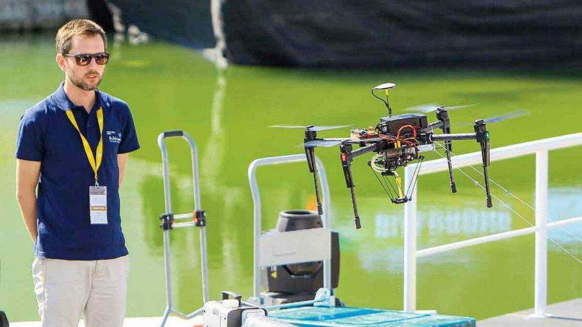 BuilDrone that detects and repairs leaks in pipelines is being demonstrated at the UAE Drones for Good Awards on Saturday.