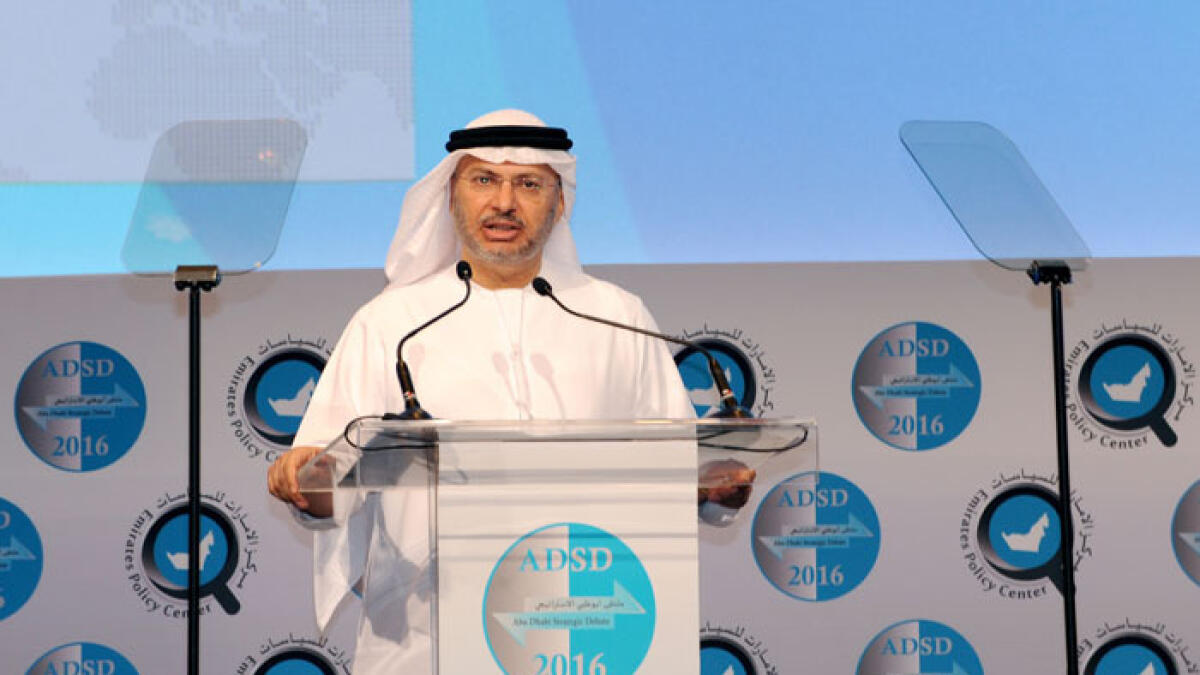 Dr Anwar Gargash delivers his speech at the third Abu Dhabi Strategic Debate on Sunday.