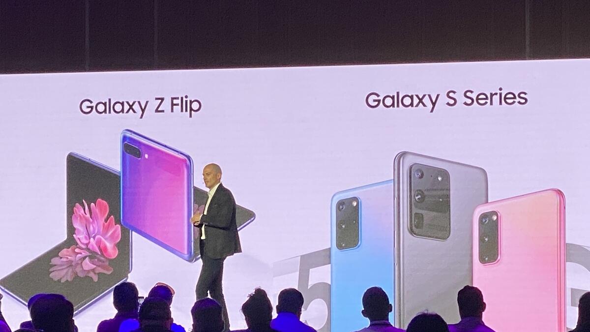 Osman Albora introducing the Samsung Galaxy Z Flip and Galaxy S20 series at the company's regional launch in Dubai on Monday.