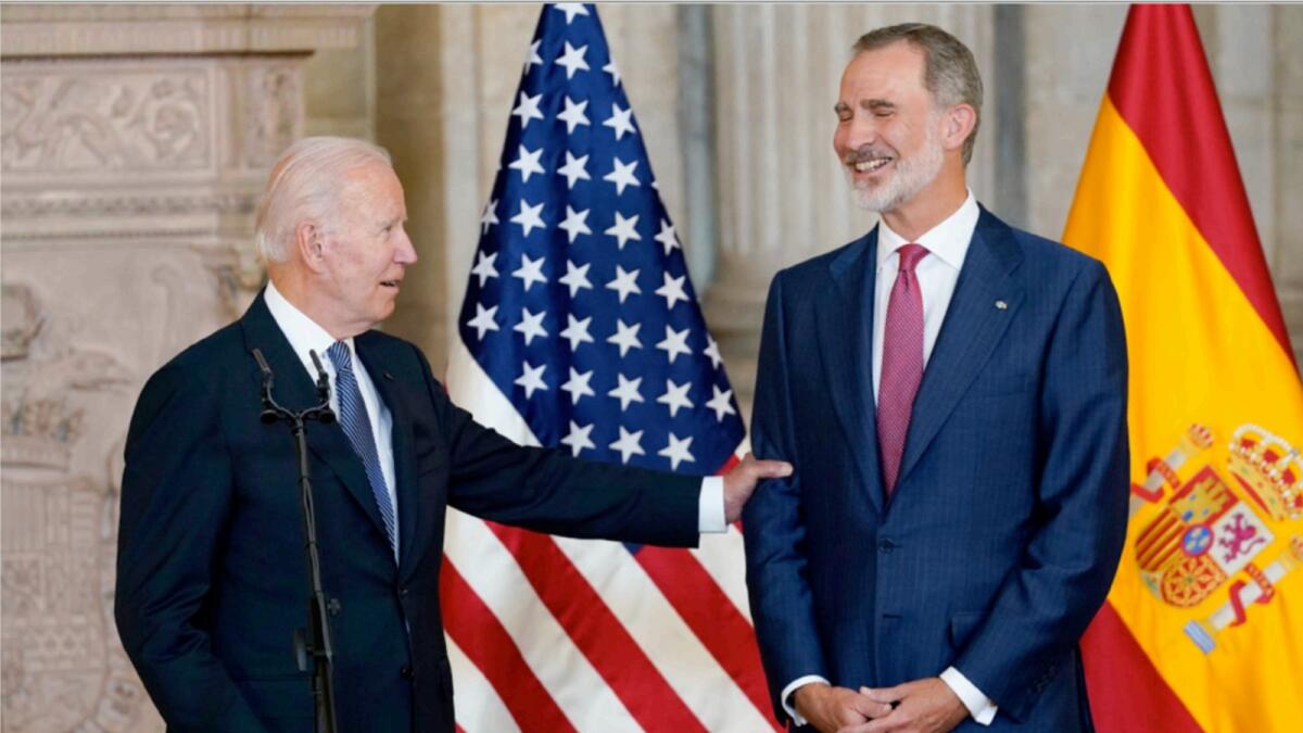 US President Joe Biden and Spain's King Felipe VI meet at the Royal Palace of Madrid. — AP