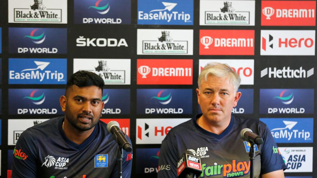 Bhanuka Rajapakse and Chris Silverwood during a press conference in Dubai on Thursday. (Asian Cricket Council)
