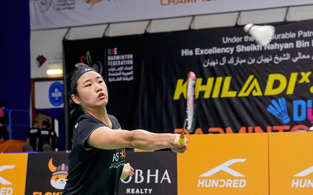 An Se-young hits a return during her round of 16 match on Thursday. — UAE Badminton Federation