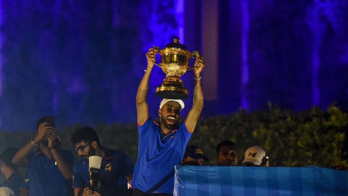Mumbai Indians' Hardik Pandya celebrates with the trophy. (AFP file)