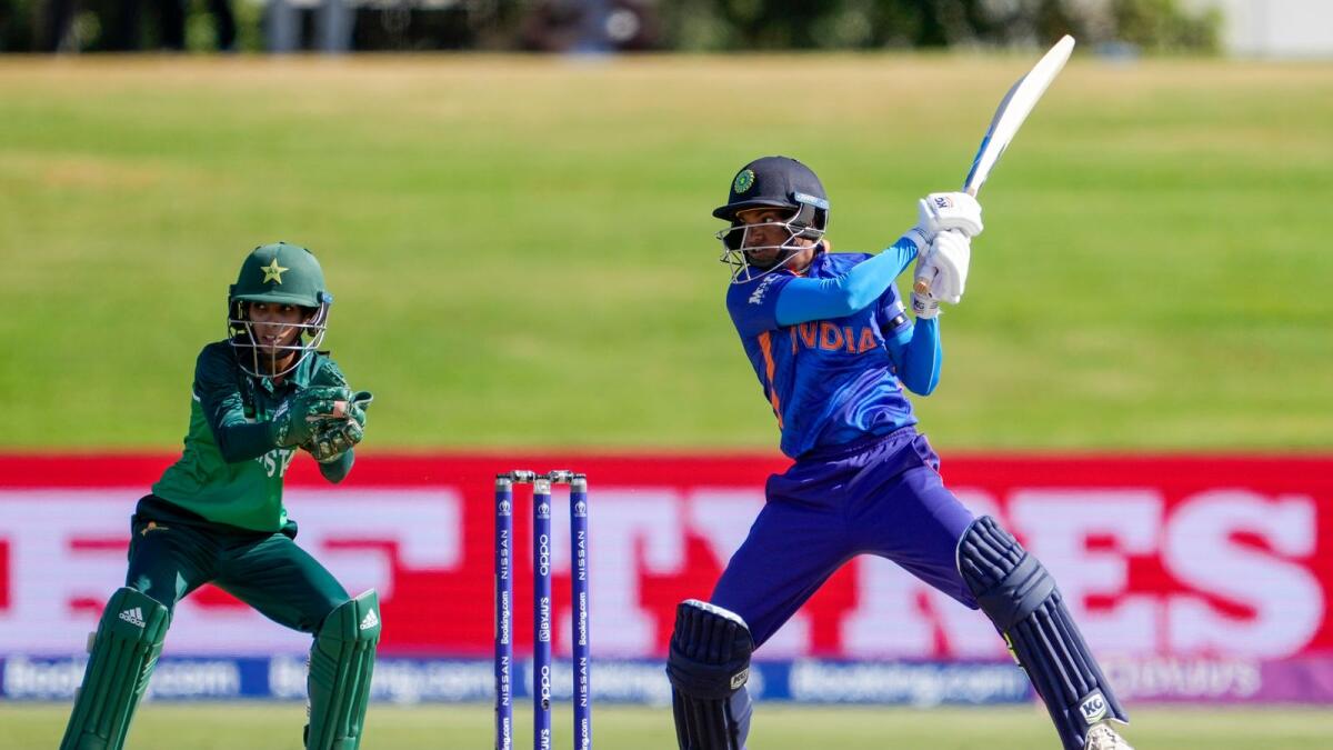 India's Pooja Vastrakar plays a shot against Pakistan in the women's World Cup at Bay Oval in Mount Maunganui, New Zealand, on Sunday. — AP