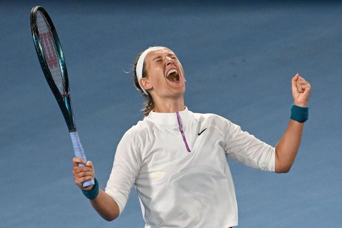 Belarus’ Victoria Azarenka celebrates after winning her women’s singles match against China’s Zhu Lin. — AFP