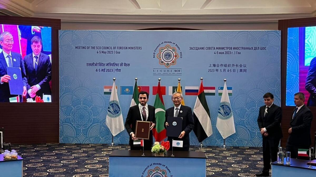 Dr Abdulnasser Alshaali and Zhang Ming during the signing of MoU. — Wam