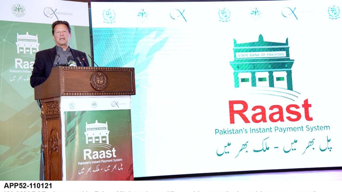 Pakistani Prime Minister Imran Khan addresses the launching ceremony of Raast, Pakistan's first instant payment system. — APP