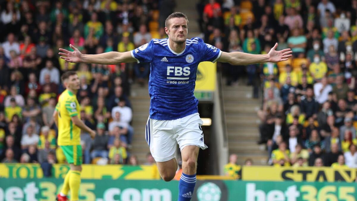 Leicester City's Jamie Vardy celebrates a goal against Norwich City.— Reuters