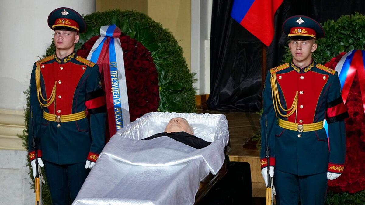 Honour guards stand by the coffin of former Soviet President Mikhail Gorbachev inside the Pillar Hall of the House of the Unions during a farewell ceremony in Moscow, Russia, on Saturday. – AP
