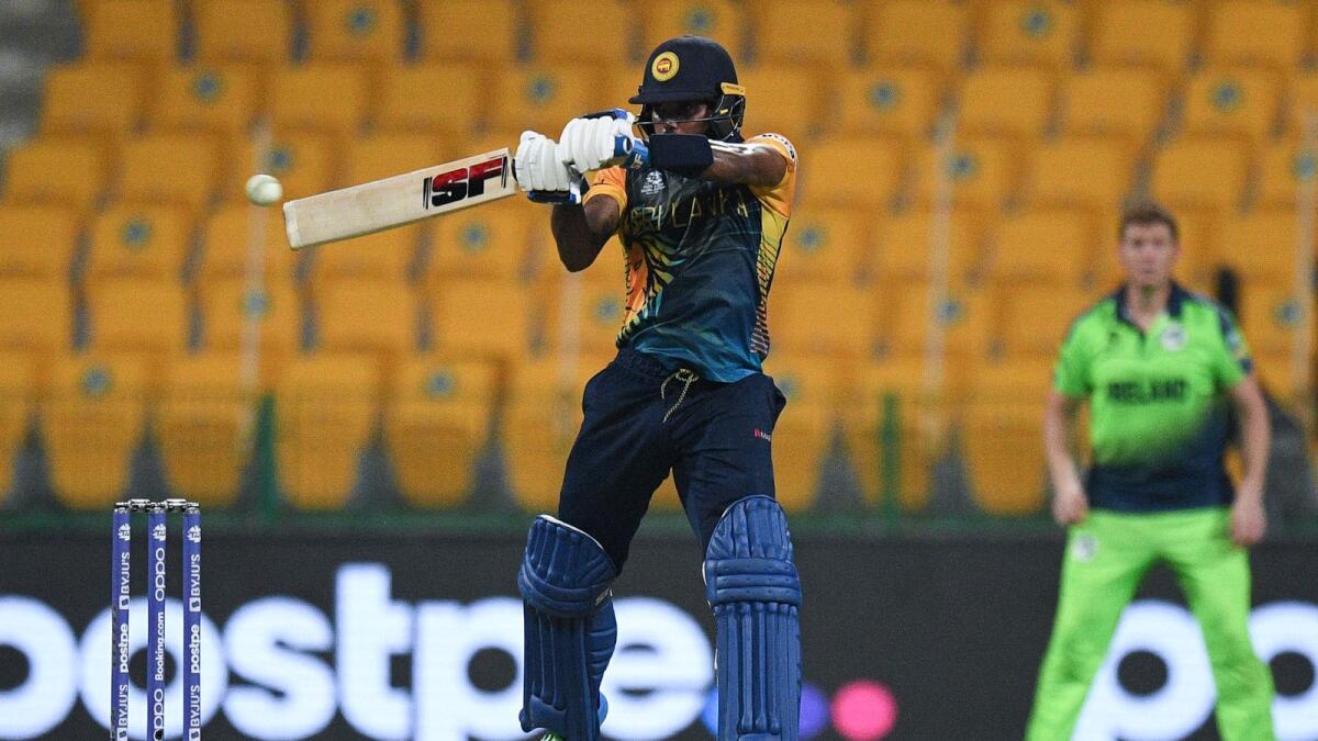 Sri Lanka’s Wanindu Hasaranga plays a shot against Ireland in Abu Dhabi on Wednesday. — AFP