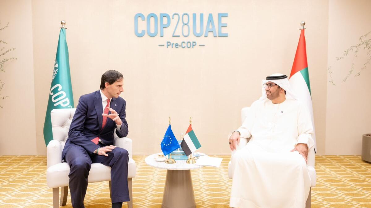 COP28 President Dr. Sultan Al Jaber (right) with Wopke Hoekstra, EU Commissioner for Climate Action. — COP28 UAE/X