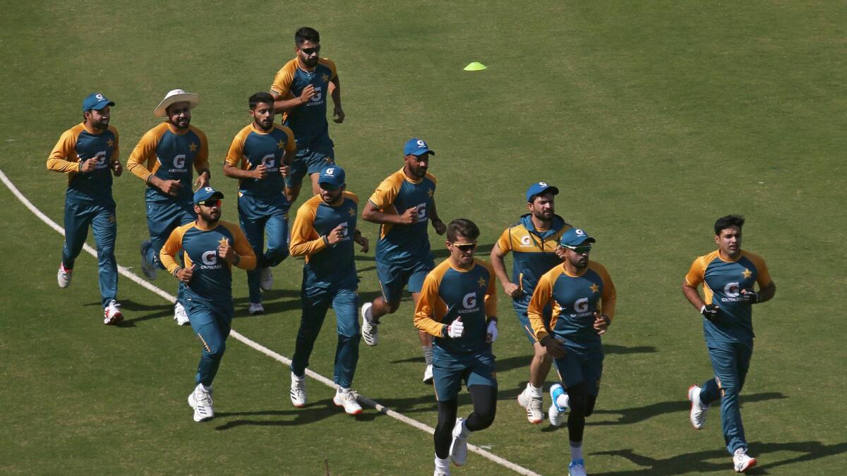 Pakistani players during a practice session in Karachi. — AP