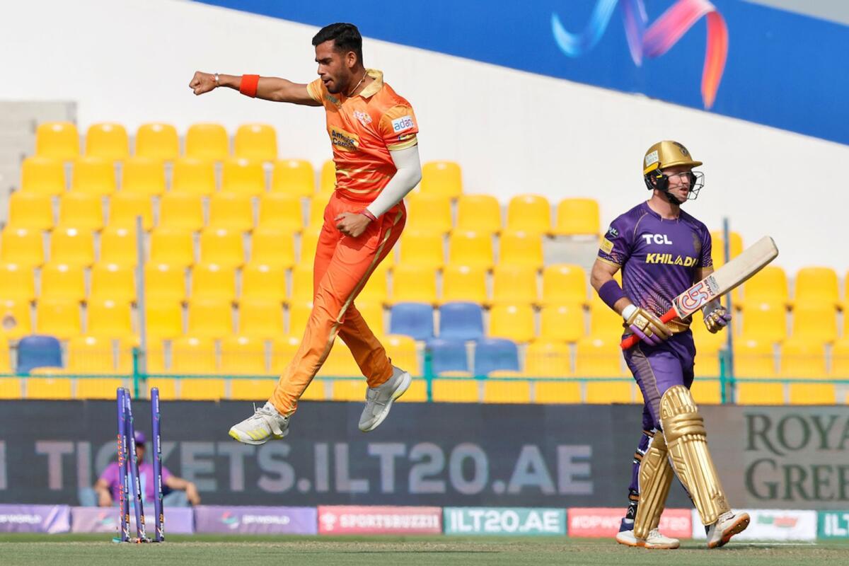 Sanchit Sharma of Gulf Giants celebrates the wicket of Colin Ingram of Abu Dhabi Knight Riders. — Supplied photo