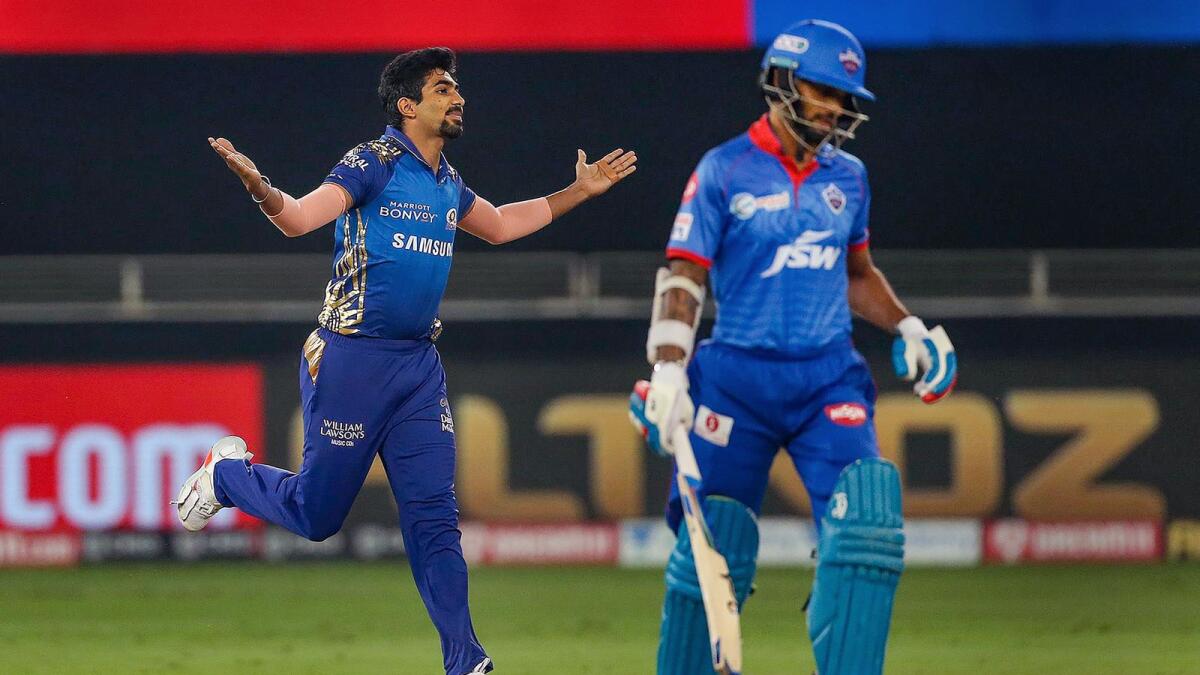 Jasprit Bumrah celebrates the wicket of Shikhar Dhawan.— IPL