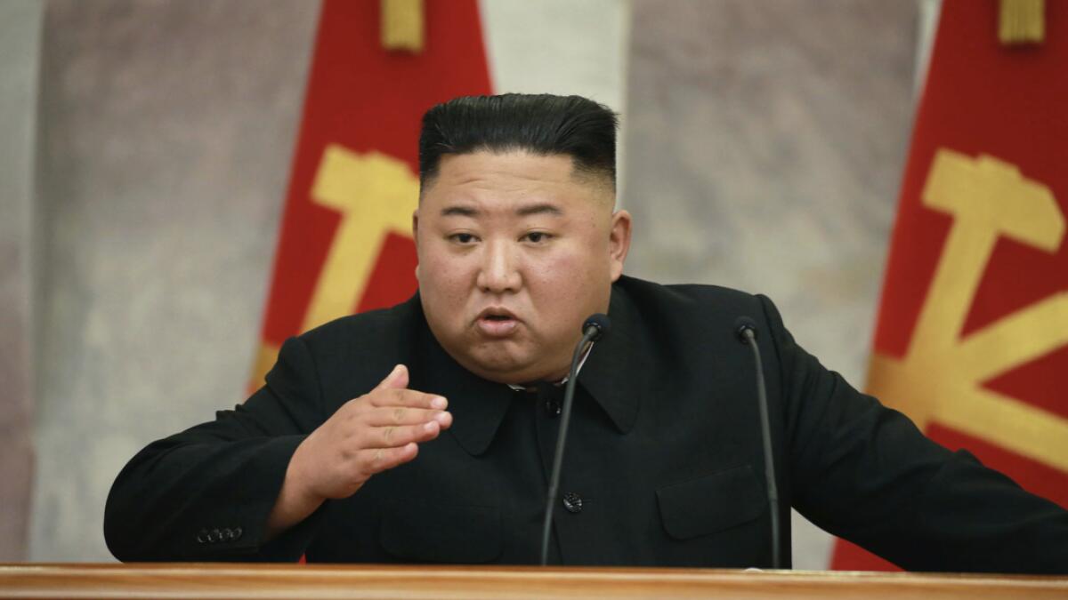 In this photo provided by the North Korean government, North Korean leader Kim Jong Un speaks during an enlarged meeting of the Central Military Commission of the Workers' Party of Korea in Pyongyang. Independent journalists were not given access to cover the event depicted in this image distributed by the North Korean government. The content of this image is as provided and cannot be independently verified. Korean language watermark on image as provided by source reads: ‘KCNA’ which is the abbreviation for Korean Central News Agency. AP