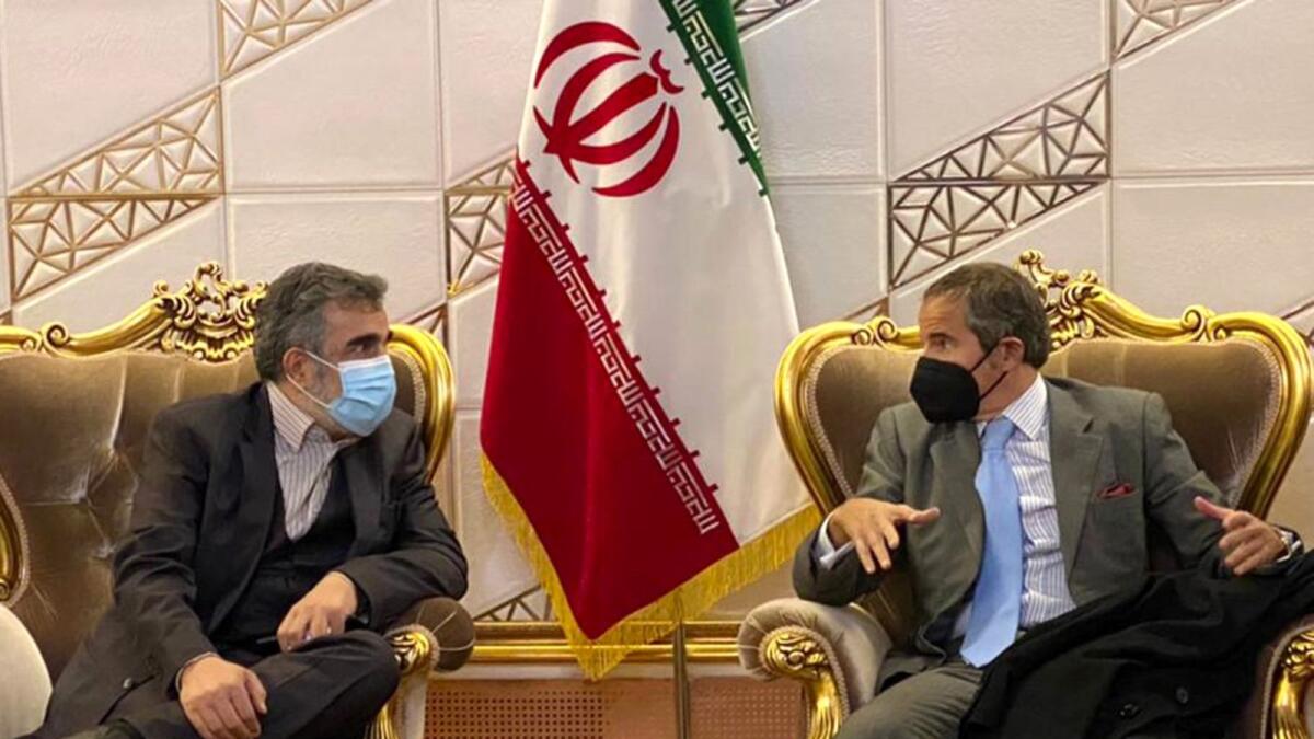 Atomic Energy Organization of Iran spokesman Behrouz Kamalvandi (left) in a meeting with Rafael Grossi, head of the International Atomic Energy Agency (IAEA), upon his arrival in the capital Tehran. – AFP
