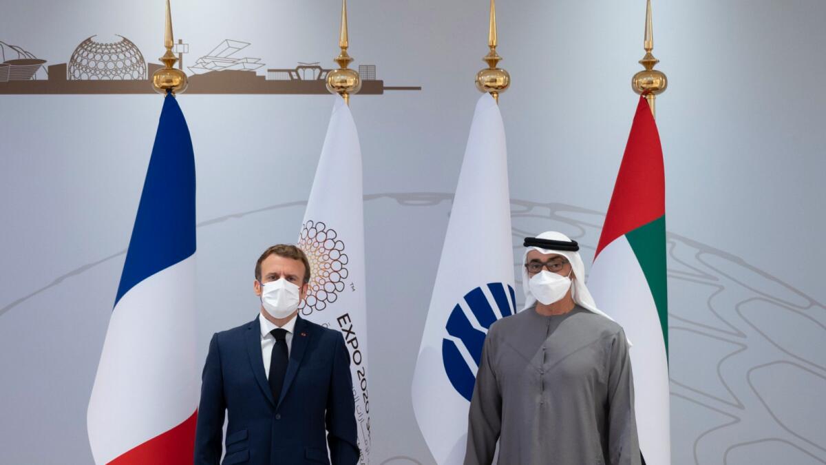 Sheikh Mohamed bin Zayed Al Nahyan and Emmanuel Macron at Expo 2020 Dubai. — Courtesy: Twitter