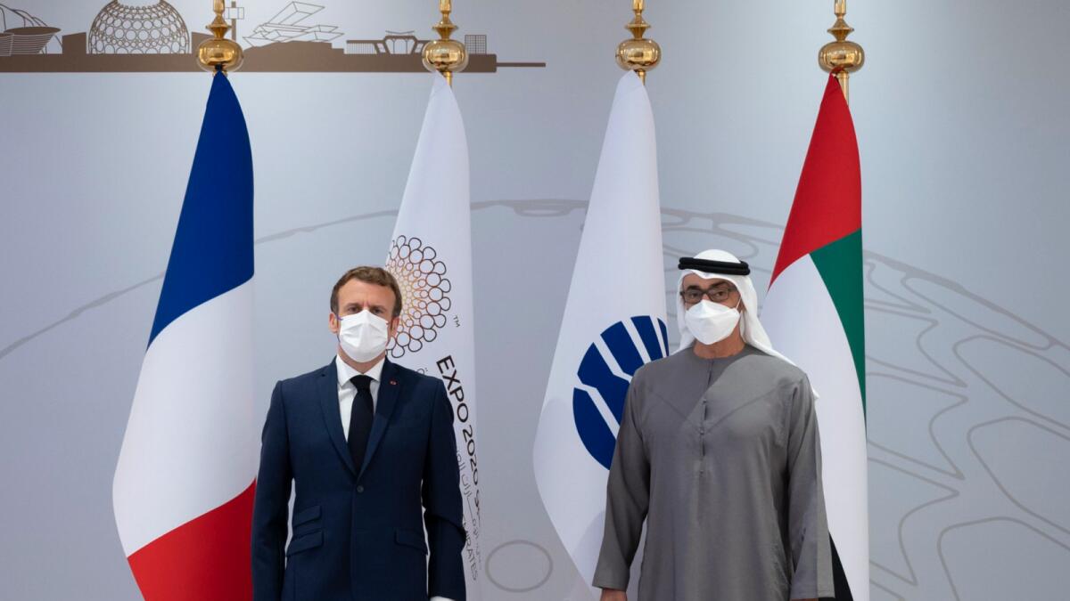 Sheikh Mohamed bin Zayed Al Nahyan and Emmanuel Macron at Expo 2020 Dubai. — Courtesy: Twitter