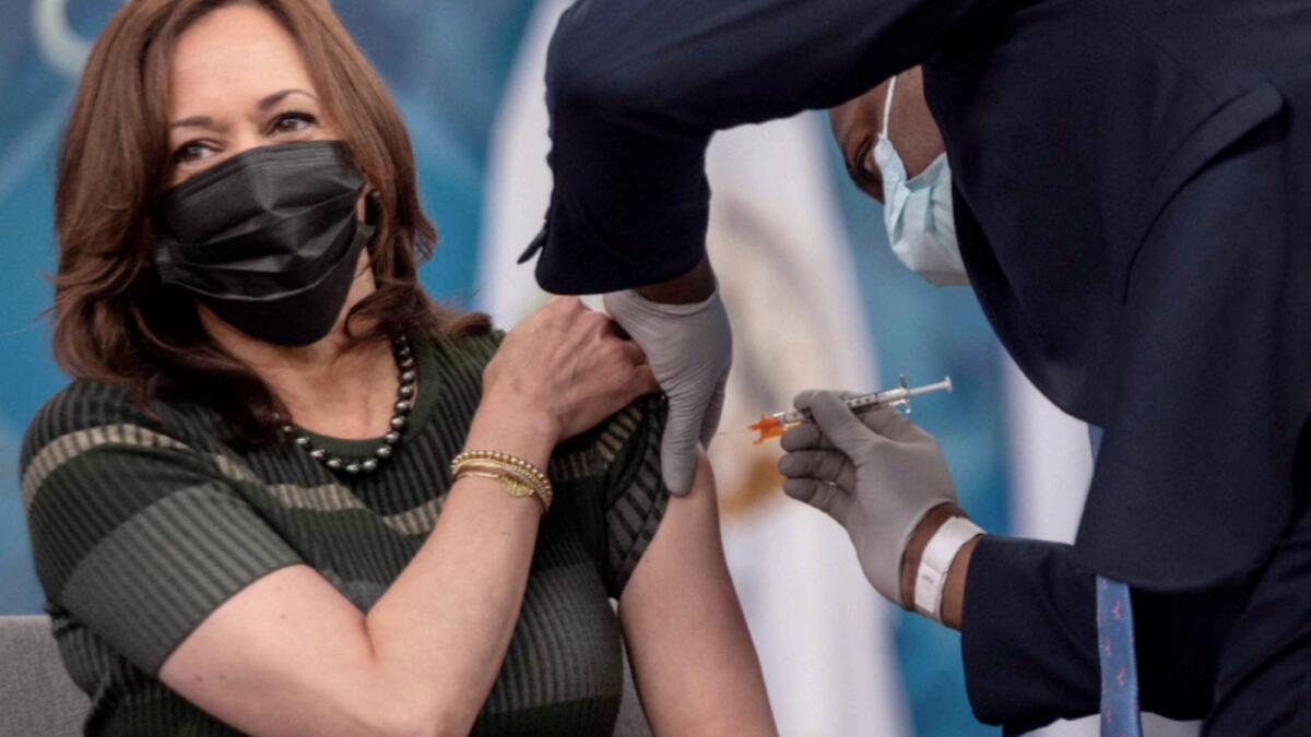 US Vice-President Kamala Harris receives a booster dose of the Moderna Covid-19 vaccine. — AFP