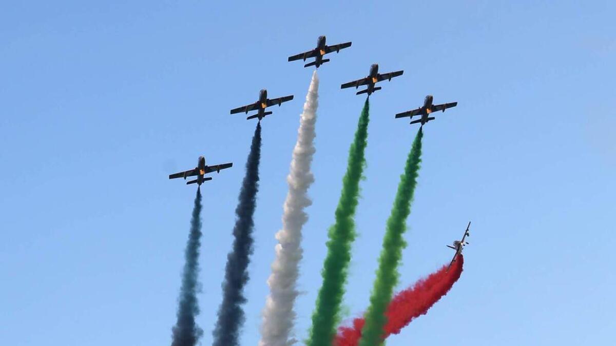 PERFECT ARROW ... Al Fursan aerobatic pilots take to the Abu Dhabi skies. —  Photos By Ryan Lim
