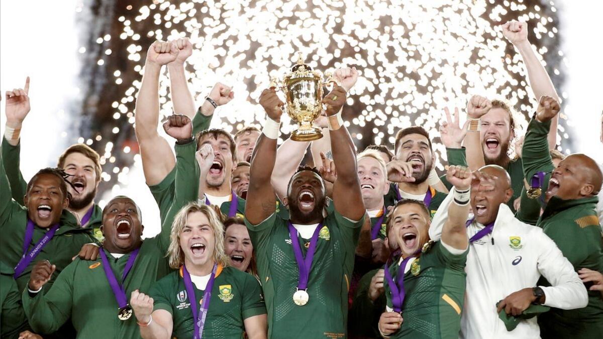 South African captain Siya Kolisi celebrates with the Webb Ellis trophy after winning the Rugby Union World Cup final at the International Stadium in Yokohama, Japan, last November. - Reuters file